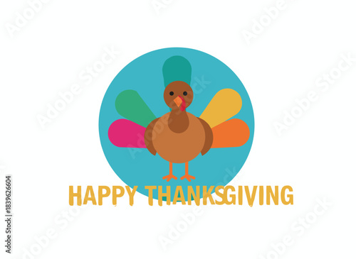 Happy Thanksgiving greeting card featuring a playful turkey on a vertical festive postcard, blending traditional American autumn vibes with a modern flat vector style