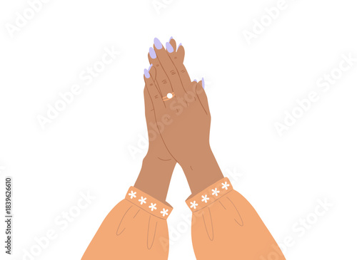 Elegant manicure with polished nails, beautifully groomed and painted fingernails, showcasing neat female fingers adorned with rings, jewelry, and varnish in a flat vector illustration on a white