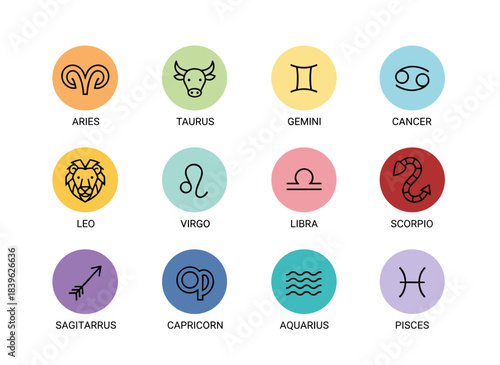 A collection of zodiac signs rendered in line art within circular borders, isolated against a white background, depicting traditional Western astrology constellations as vector illustrations