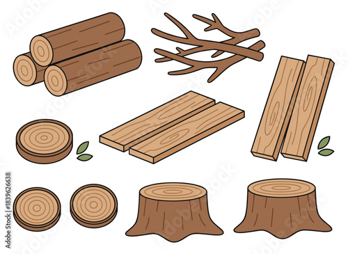 A set of wooden logs, tree branches, lumber, and timber cut into rough planks, presented on a white background, depicted in a colorful, realistic vector illustration