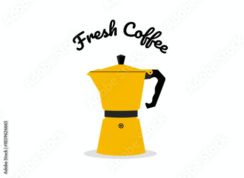 A refined illustration featuring handwritten cursive text and a standalone moka pot against a white backdrop, depicting a kitchen tool for brewing coffee in a flat realistic vector style
