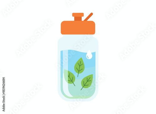 Recycled bottle containing fresh water infused with mint, a detoxifying, refreshing soda with peppermint leaf and aqua, presented as a healthy aromatic beverage in a flat vector illustration on a