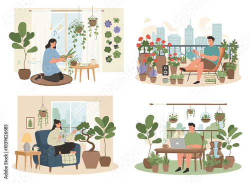 A collection of gardens on terraces, balconies, and rooftops featuring plants and furnishings, alongside modern, cozy eco‑style home interiors with greenery, tables, and chairs, rendered as a