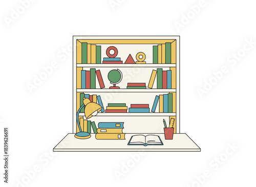 A hand‑drawn colorful sketch of a modern home library interior with bookshelves