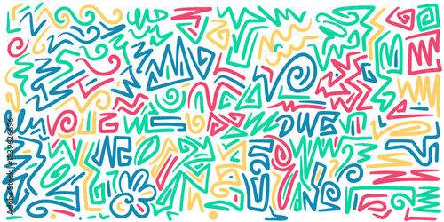 Colorful abstract doodle pattern featuring playful hand drawn lines  swirls  zigzags  geometric shapes. for backgrounds  textiles  packaging  and creative design projects.