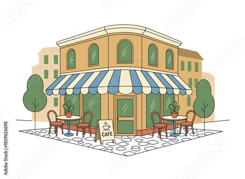 A freehand sketch of a European sidewalk café or restaurant, featuring a table and chairs on a city street next to a building, rendered as a vector illustration with black outlines on a white