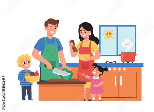 Smiling family cooking and tasting dessert together in a flat vector illustration; mother, father, and children prepare strawberries with whipped cream, isolated, while parents and kids spend time in