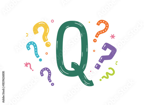 A hand‑drawn flat vector illustration of the capital letter Q, styled in a childlike English alphabet with question marks, designed for kindergarten and preschool education, set on a white background