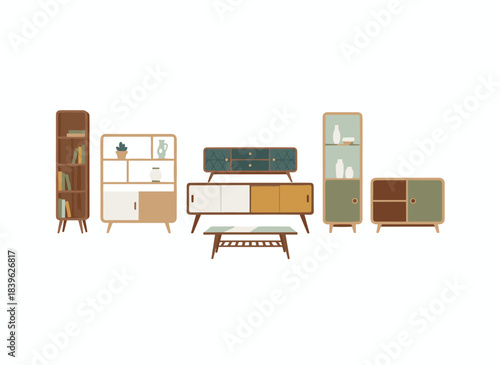 A wooden storage furniture set—including shelf, cabinet, sideboard, chest of drawers, and dresser—in a modern, trendy retro style for minimalist home design, depicted as a flat vector illustration on