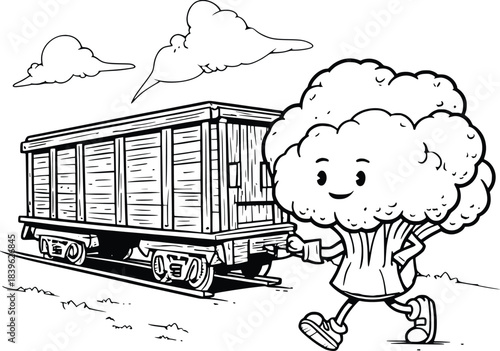 Happy cartoon broccoli character running alongside a vintage freight train under a cloudy sky