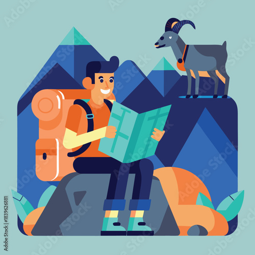 Man exploring mountains with map