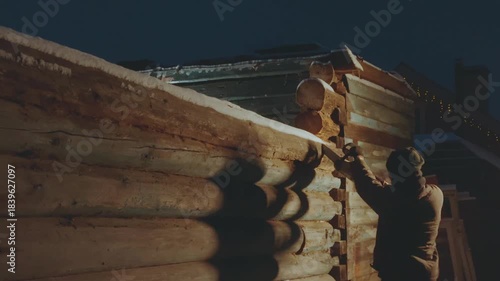 Sawing a house, sawing a wooden house, working with an electric saw, sawing wood, dismantling a house