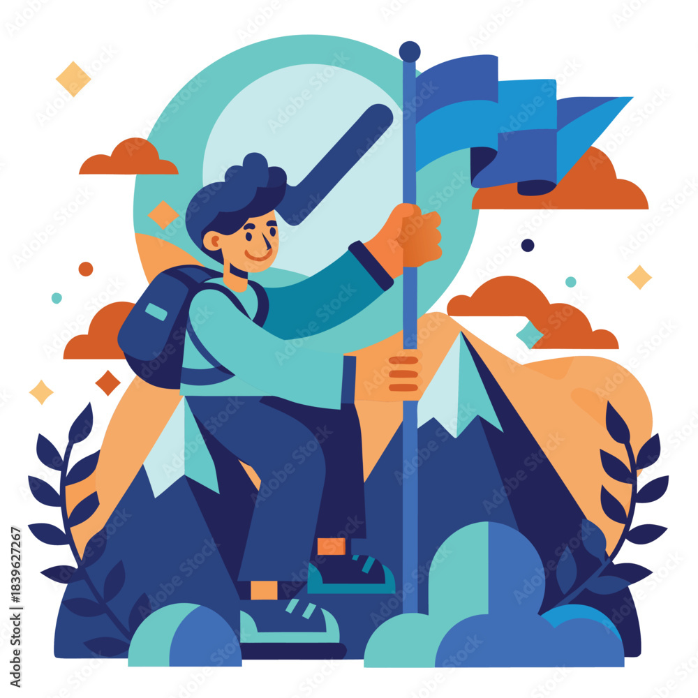 Obraz premium Successful Mountaineer Reaching Peak With Flag, Achievement Concept