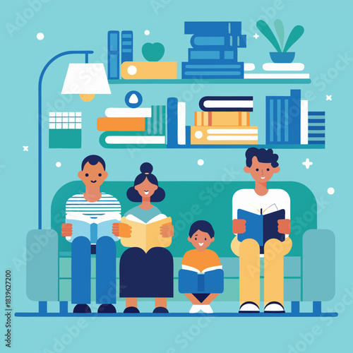 Family Reading Together At Home, Education And Literacy Concept