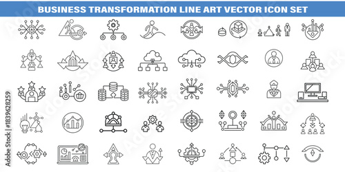 Business Transformation Line Art Vector Icon Set – Innovation and Digital Change Symbols