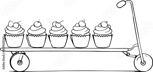Cupcakes Ride: Whimsical illustration of cupcakes being transported on a scooter, evoking playful spirit of joy.