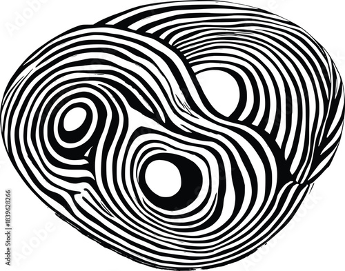 Abstract black and white flowing lines forming an organic shape with voids