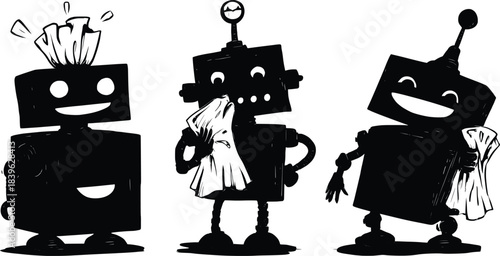 Robot's Facial Expressions: These charming robot character illustrations showcase a range of joyful facial expressions while holding up a tissue.