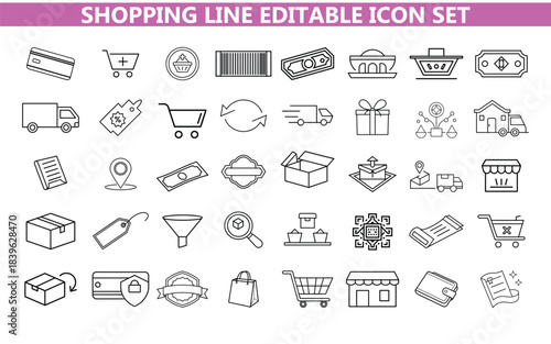 Shopping Line Editable Icon Set – Retail, E‑commerce, Cart and Sale Symbols