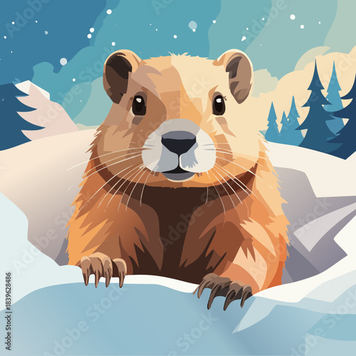 Groundhog Illustration — geometric winter vector scenes with groundhogs in snowy landscapes