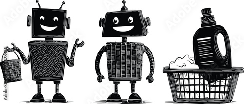 Robot Household Help: Charming cartoon robots are assisting with household chores, from carrying a bucket to doing laundry, exemplifying the future of effortless living.