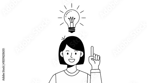 A Simple Line Drawing of a Person with an Idea Lightbulb Above Their Head and Finger Pointing Upward Against a Black Background
