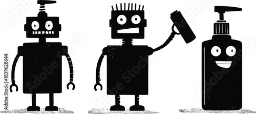 Three black silhouette robots or mechanical soap dispensers against a white background with a textured, gritty look