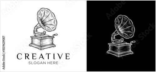 Vintage hand-drawn gramophone illustration presented as a logo concept, featuring a classic phonograph with a large horn in two monochrome versions.
