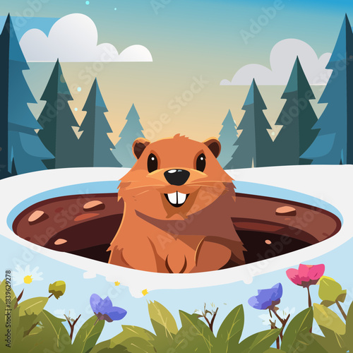Groundhog Illustration — cute vector groundhogs in spring landscapes, snow scenes, and forest backgrounds