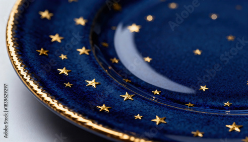 Blue ceramic plate with delicate gold star motifs and a gilded rim photographed in close-up to show texture and reflective finishes. The composition emphasizes decorative tableware and luxurious holid