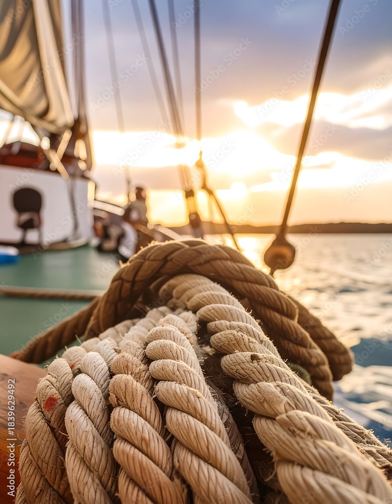 Obraz premium Sunset sailboat ropes close-up
