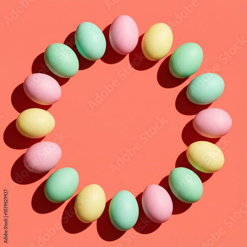Minimalist Pastel Easter Eggs Flat Lay Circle with Copy Space on Coral Background