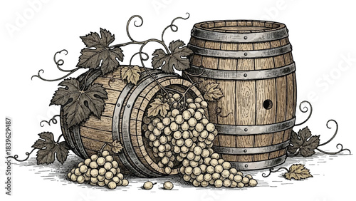 Engraving of Rustic Wooden Wine Barrels with Grapes,A large cluster of ripe white grapes spills out from the tilted barrel, surrounded by dark green vine leaves and tendrils