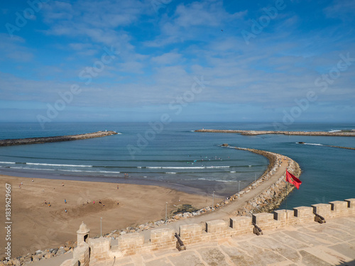 Rabat beach view from the Kasbah of the Udayas fortress in Rabat in Morocco. Location at the mouth of the Bou Regreg river