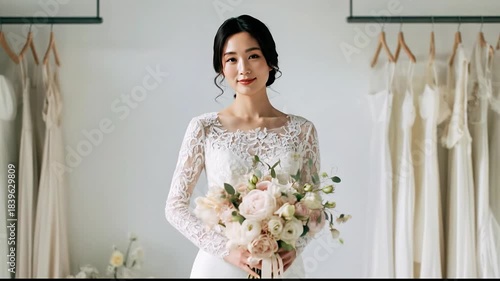 Bridal fitting in a dress shop showcasing different wedding dresses with a model posing in a bright room
