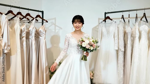 Bride tries on wedding dresses in boutique, looks happy while holding flowers