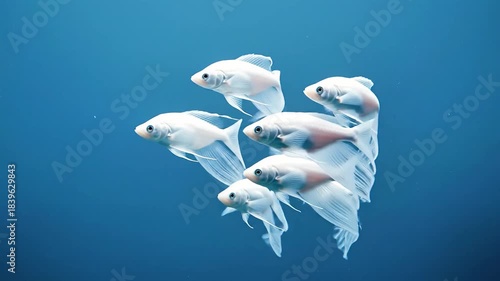 Colorful fish swim together in a large aquarium full of clear water and plants in different parts of the tank