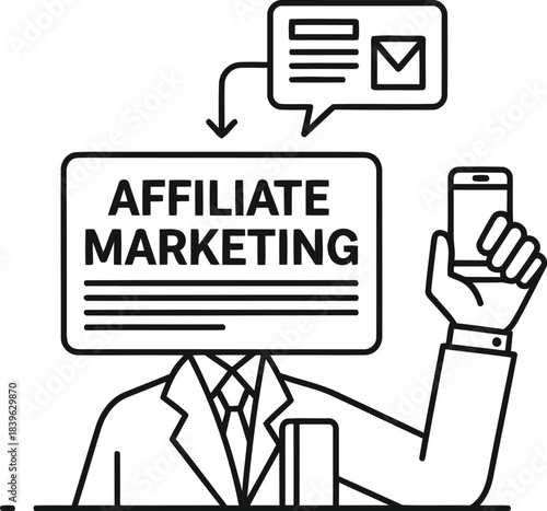 Man with affiliate marketing screen for a head holding a smartphone