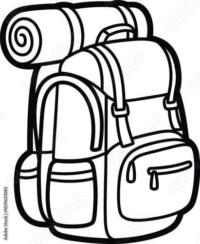 Hand drawn illustration of a camping backpack with a rolled sleeping mat attached