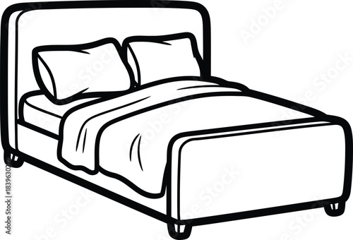Simple line drawing of a comfortable bed with pillows and blanket