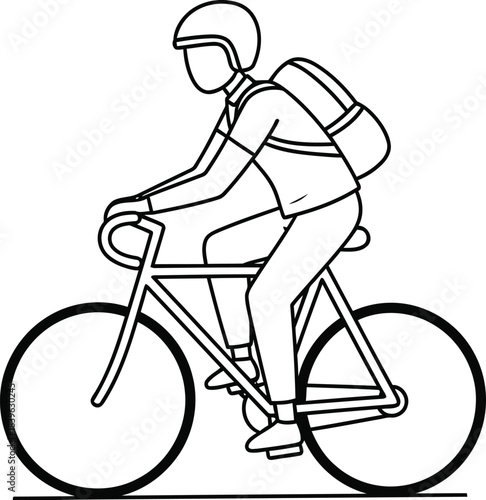 Line art illustration of a person riding a bicycle wearing a backpack