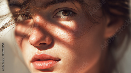 A portrait of a young woman's face, partially illuminated by the sun's rays