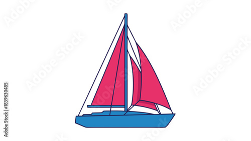 A Vibrant Blue Sailboat with Bright Pink Sails Set Against a Stark Black Background Offering a Bold Nautical Graphic Illustration
