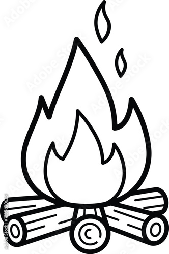 Simple hand drawn outline of a campfire burning brightly on logs