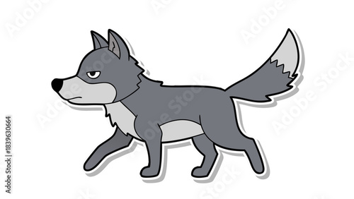 A Stylized Cartoon Wolf Character With Gray Fur White Muzzle and Tail Walks Forward Against A Black Background with Subtle Shadow Outline