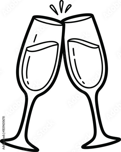 Hand drawn sketch of two champagne glasses clinking together in celebration