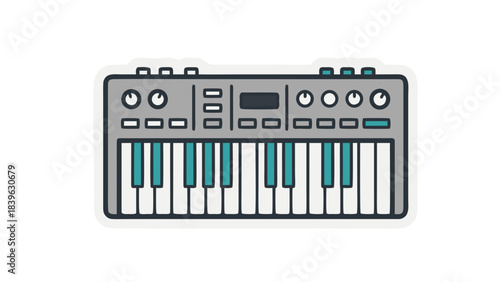 A Stylized Digital Synthesizer Keyboard With Gray And Teal Keys Isolated On A Transparent Background