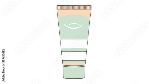 A stylized illustration of a light green cosmetic tube with beige and white accents and a simple face icon on a plain black background