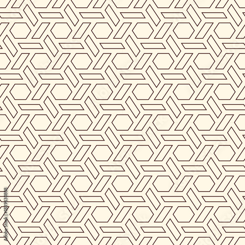Hexagonal seamless pattern. Honeycomb surface print. Mosaic tiles. Flooring background. Wicker, weave, entwine effect. Geometric ornament. Digital paper. Modern geometrical wallpaper