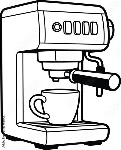 Black and white line drawing of a modern espresso machine brewing coffee